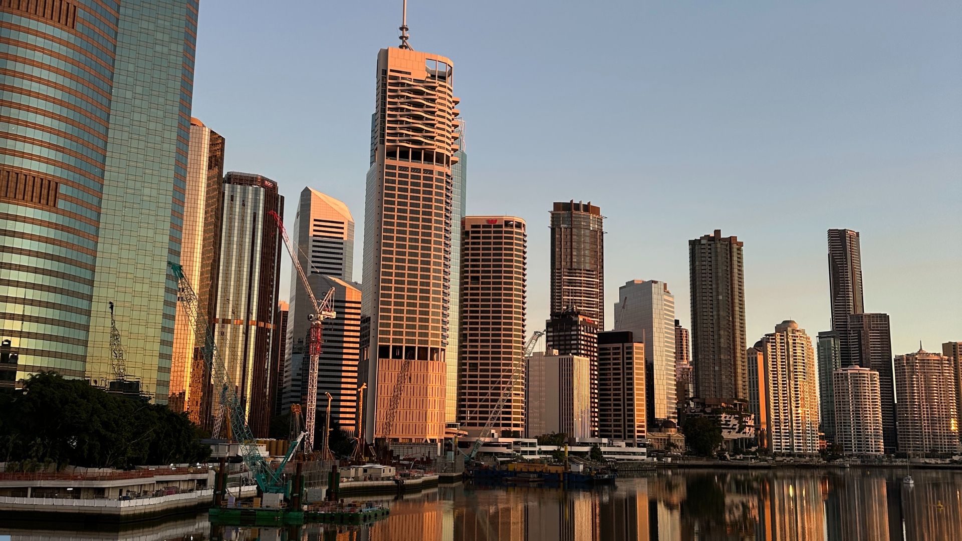 Brisbane River with the city skyline at golden hour